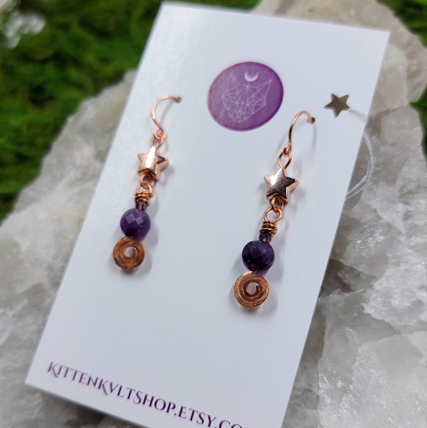 Celestial Witchy Amethyst Earrings, Copper Crystal Dainty Ethereal Fairy Amethyst Earrings