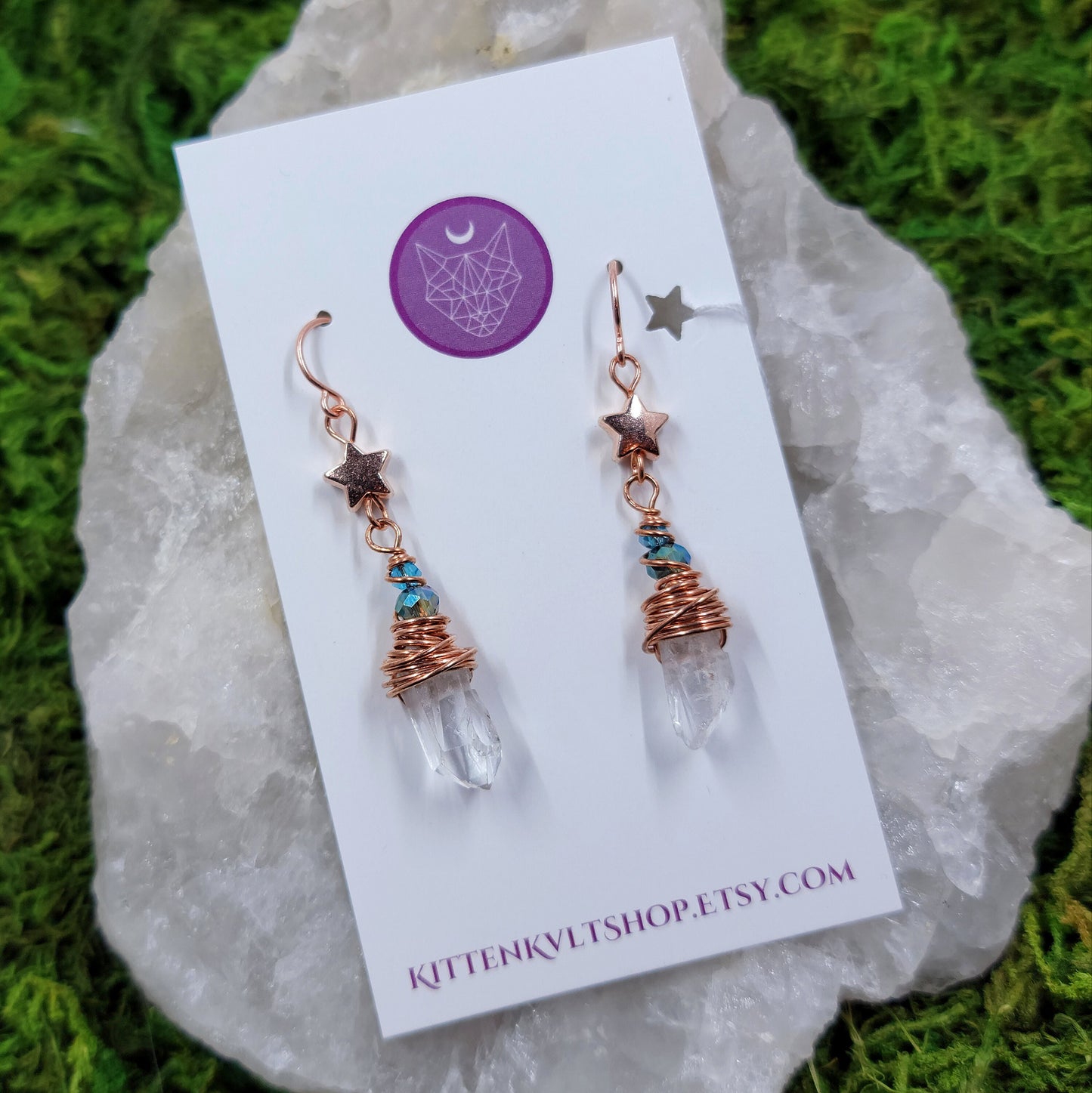 Celestial Witchy Quartz Star Earrings, Copper Crystal Dainty Ethereal Fairy Space Witch Earrings