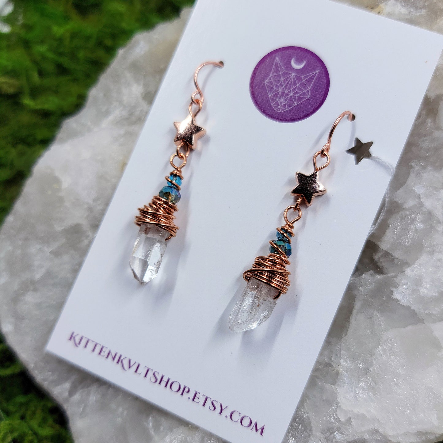 Celestial Witchy Quartz Star Earrings, Copper Crystal Dainty Ethereal Fairy Space Witch Earrings