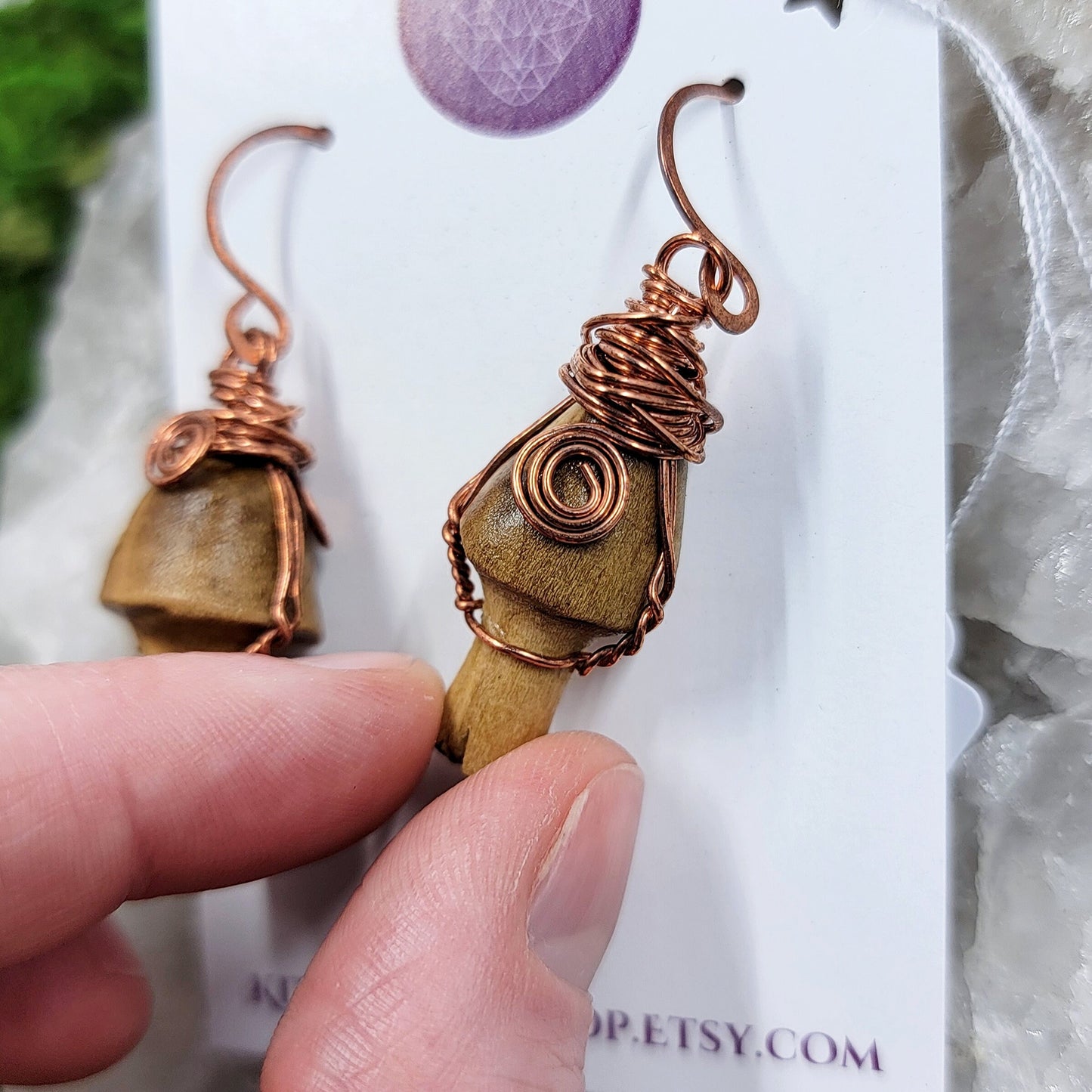 Hand Carved Ash Wood & Copper Mushroom Earrings, Cottage FairyCore Mushroom Earthy Witch Earrings