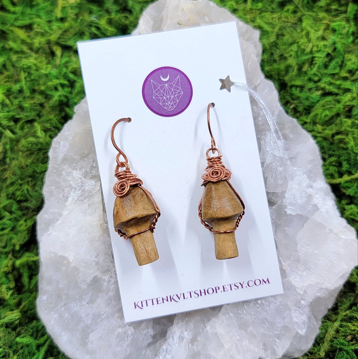 Hand Carved Ash Wood & Copper Mushroom Earrings, Cottage FairyCore Mushroom Earthy Witch Earrings