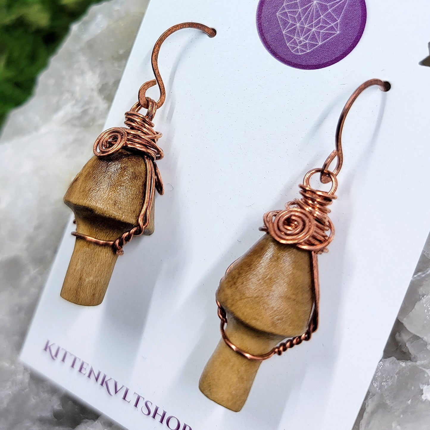 Hand Carved Ash Wood & Copper Mushroom Earrings, Cottage FairyCore Mushroom Earthy Witch Earrings