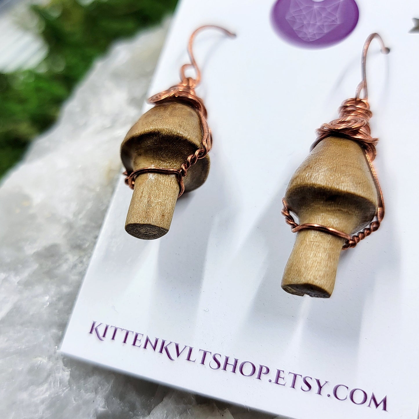 Hand Carved Ash Wood & Copper Mushroom Earrings, Cottage FairyCore Mushroom Earthy Witch Earrings